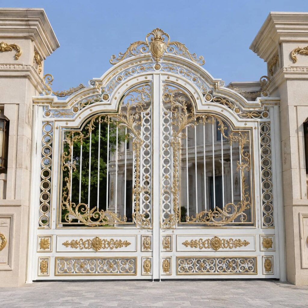 مدل فرفورژه درب حیاط سفید طلایی برای نمای کلاسیک
